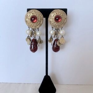 Vintage 80s Gold tone drop earrings with mini coins and faux pearls